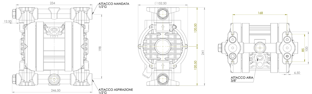 Ingombri pompe membrana plastica - Overall dimensions AODD plastic pumps BX50