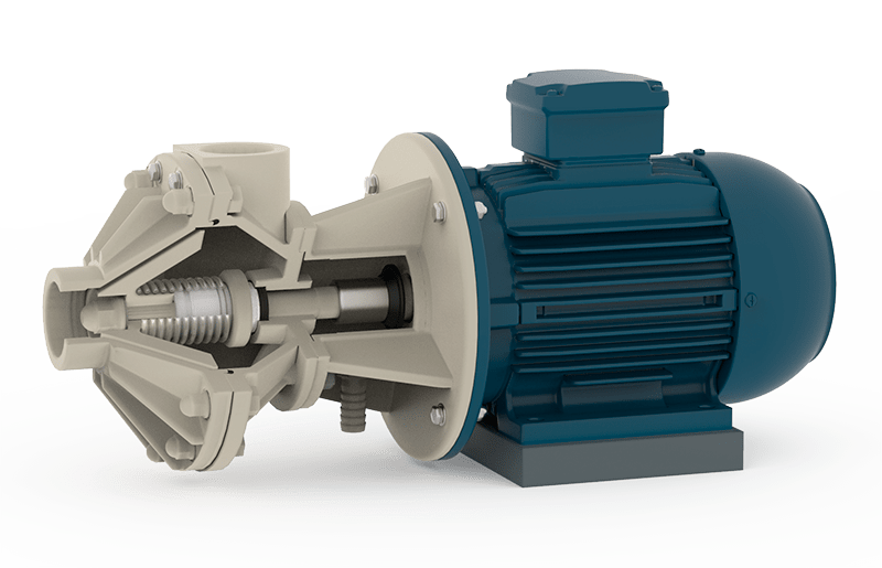 Close coupled horizontal plastic pump with corrosion-resistant mechanical seal