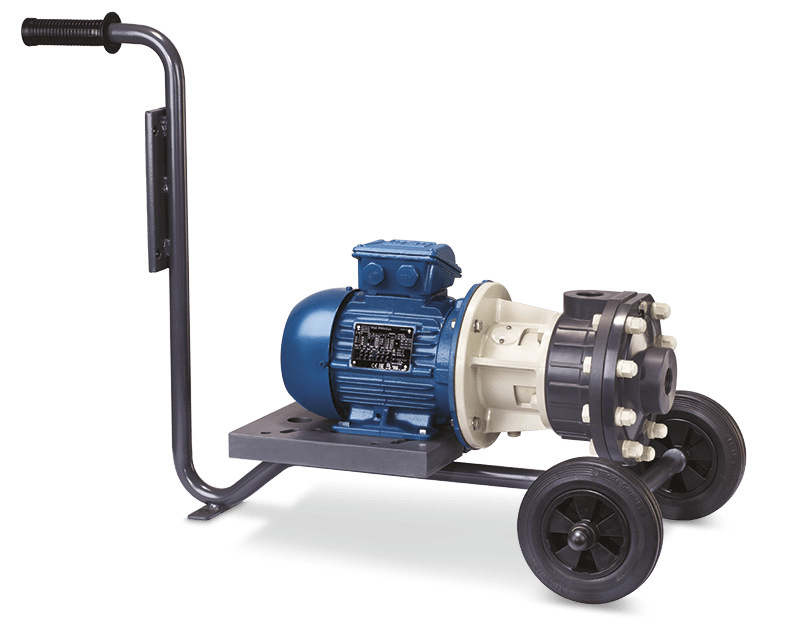 PP chemical pump trolley mounted for added mobility