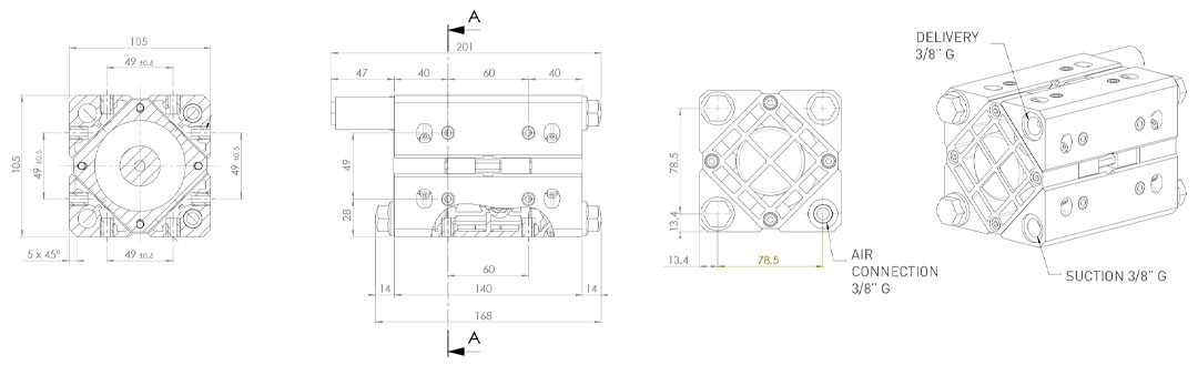 Ingombri pompe membrana plastica - Overall dimensions AODD plastic pumps 