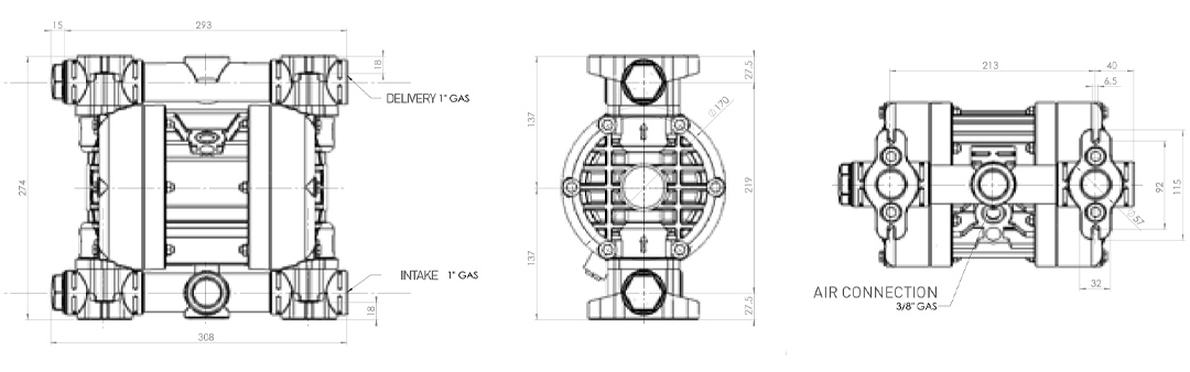 Ingombri pompe membrana plastica - Overall dimensions AODD plastic pumps BX 81