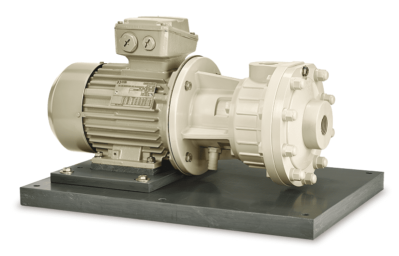 Industrial pumps manufactured from thermoplastics with PVC baseplate