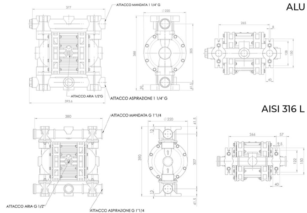 Ingombri pompe membrana metalliche - Overall dimensions AODD metal pumps BX150