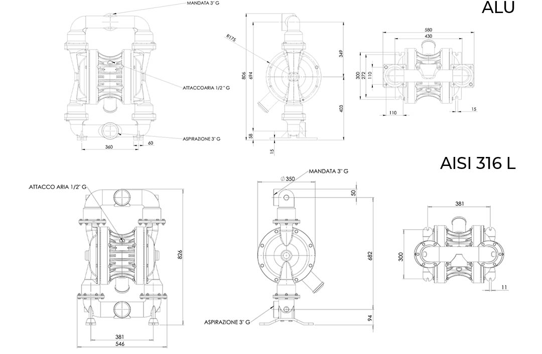 Ingombri pompe membrana metalliche - Overall dimensions AODD metal pumps BX503